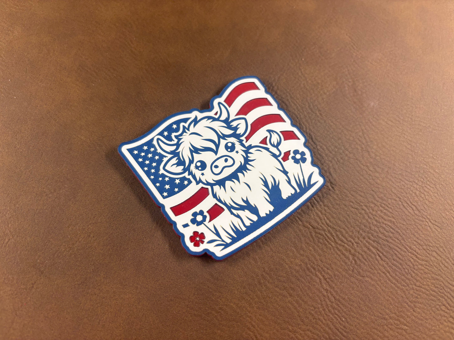 Cute Highland Cow with American Flag Tri-Layer Acrylic Patch!